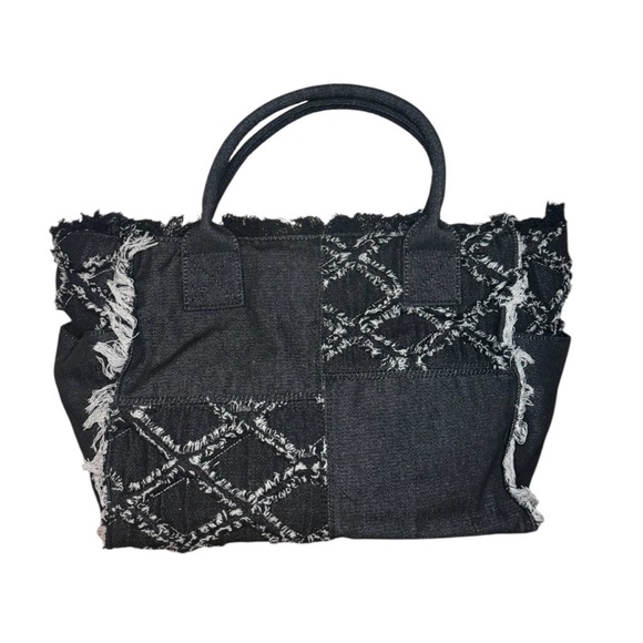 Wildfox Black Denim Distressed Black/Gray Detail Tote Bag w/adjustable strap - Picture 3 of 4